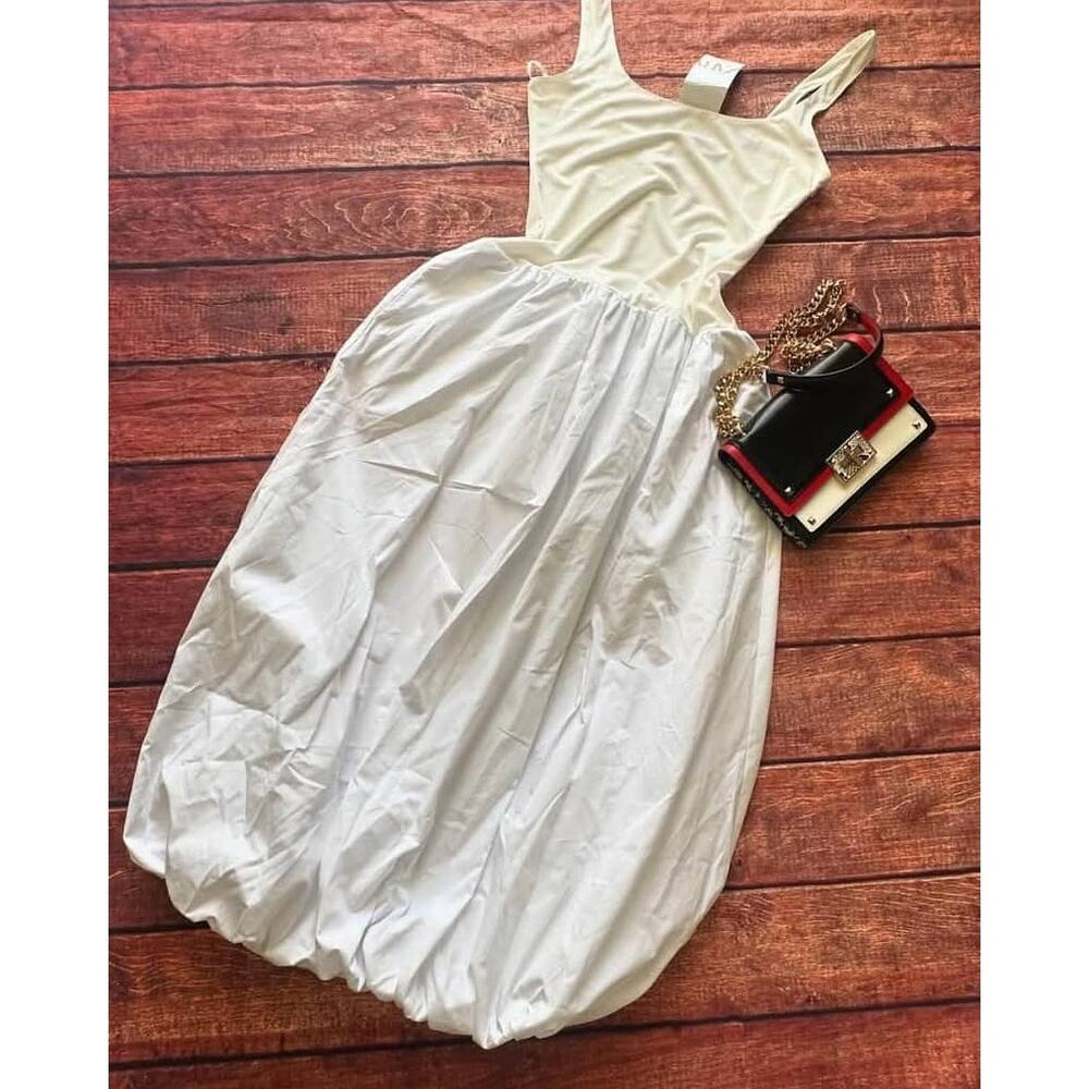 ZARA White Balloon Midi Dress NWT Knit Bodice Cotton Poplin Skirt M - Picture 16 of 16